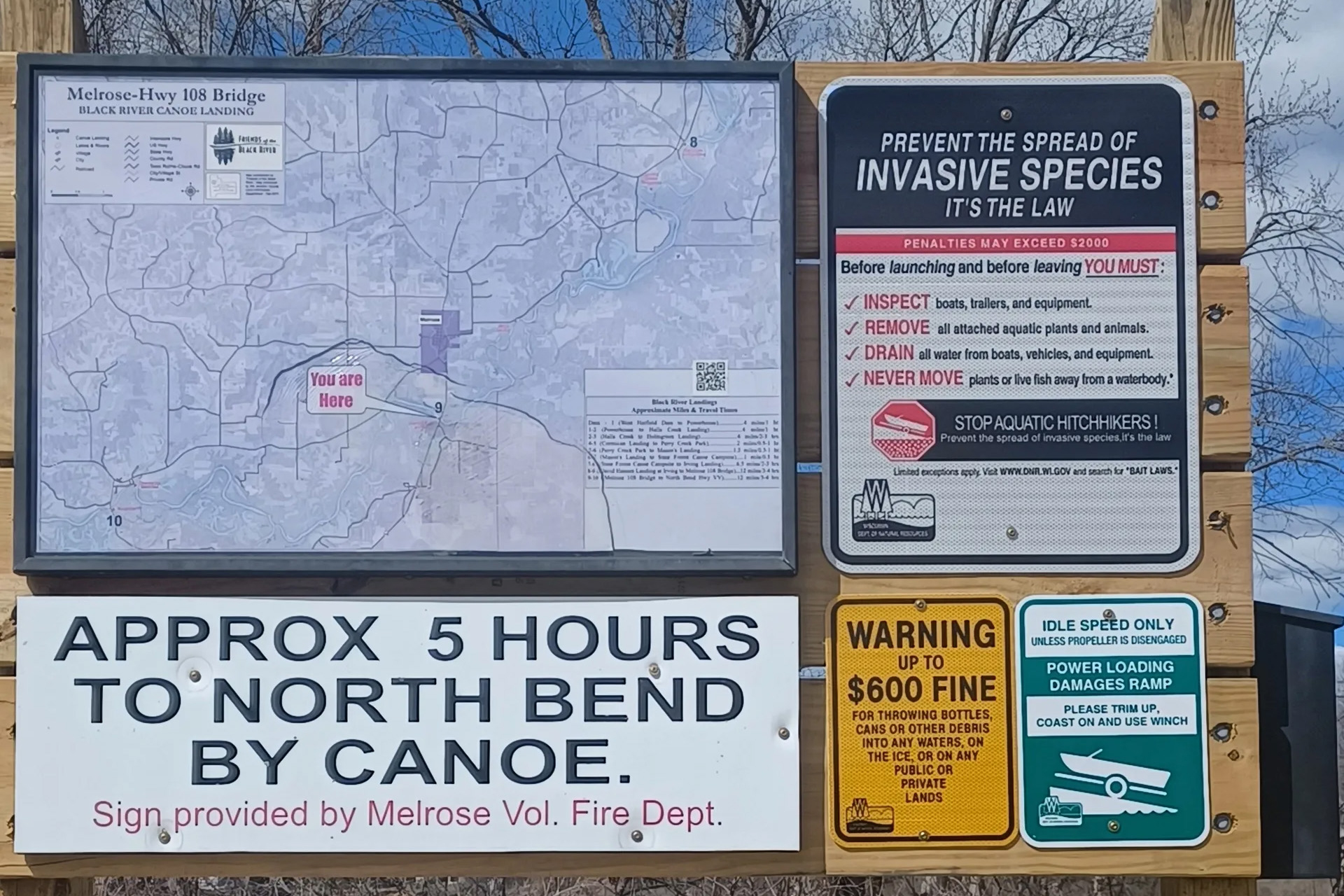 Sign at Melrose Public Landing — Approx 5 Hours to North Bend by Canoe